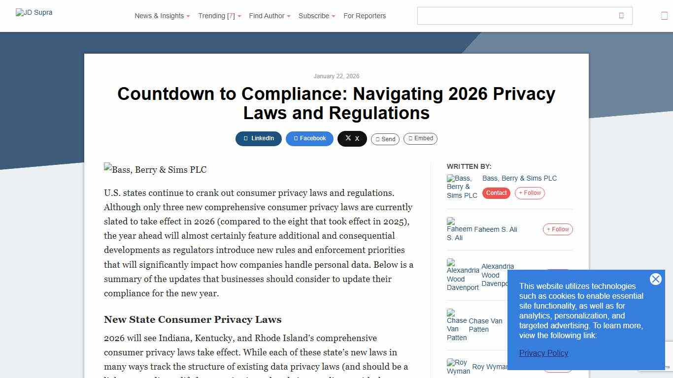 Countdown to Compliance: Navigating 2026 Privacy Laws and Regulations Bass, Berry & Sims PLC - JDSupra